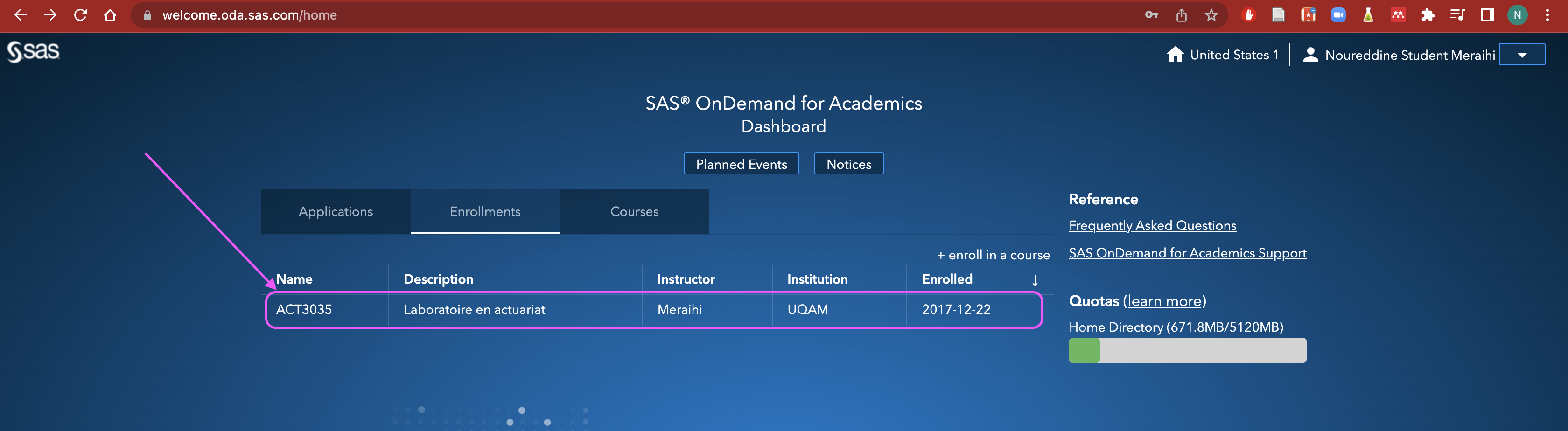 inscription à SAS dans le cadre du cours ACT3035